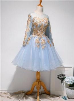 Picture of Light Blue Long Sleeves with Gold Lace Cute Homecoming Dresses, Blue Short Prom Dresses